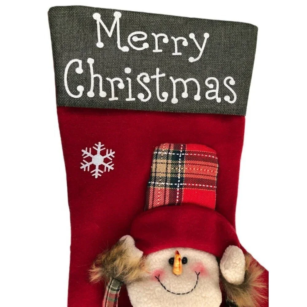 Handmade Christmas Stocking Farmhouse Snowman Plaid & Fur Felt & Canvas